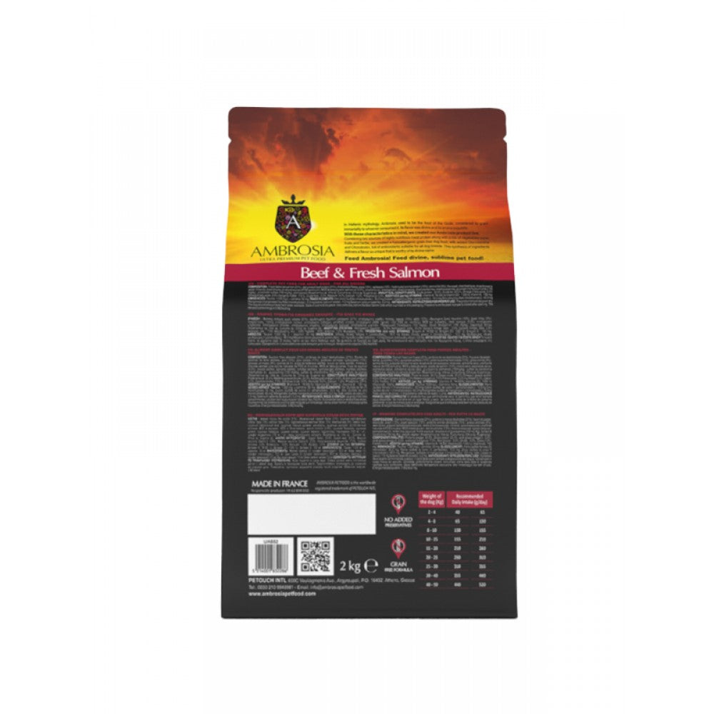 AMBROSIA GRAIN FREE DOG ADULT ALL BREEDS BEEF & FRESH SALMON 2KG+ΔΩΡΟ ΚΟΝΣΕΡΒΑ 400γρ