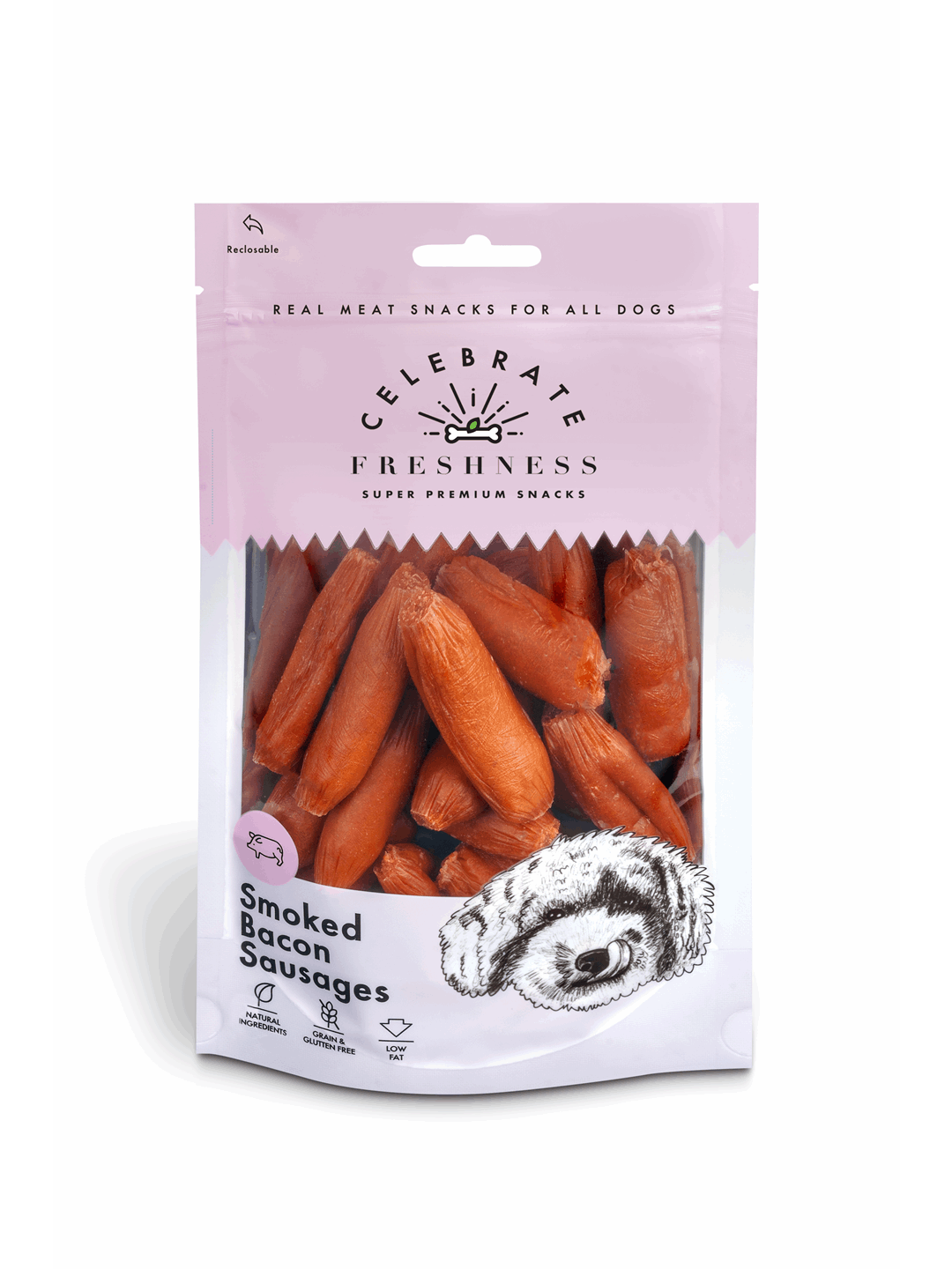CELEBRATE GRAIN FREE SMOKED BACON SAUSAGES 100gr