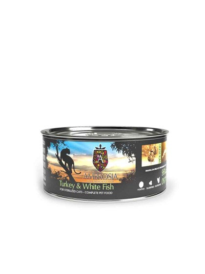 AMBROSIA GRAIN FREE STERILISED LIGHT CAT TURKEY & WHITE FISH 150gr