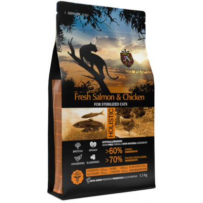 AMBROSIA GRAIN FREE CAT ADULT STERILIZED FRESH SALMON & CHICKEN 1,5KG ΓΙΑ ΕΝΗΛΙΚΕΣ ΣΤΕΙΡΩΜΕΝΕΣ ΓΑΤΕΣ+ΔΩΡΟ ΥΓΡΗ ΤΡΟΦΗ STERILISED 100GR