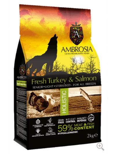 AMBROSIA GRAIN-FREE DOG SENIOR - LIGHT - STERILIZED FRESH TURKEY & SALMON 12KG+ΔΩΡΟ ΚΟΝΣΕΡΒΑ PIPER 800γρ