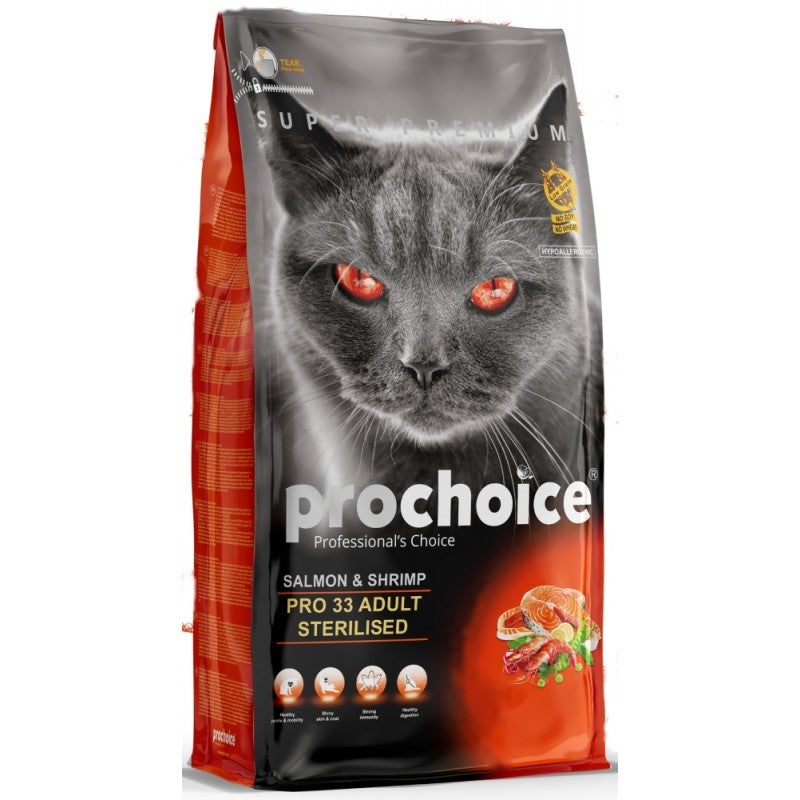 Prochoice Pro 33 Sterilised Ξηρά Τροφή για Ενήλικες Στειρωμένες Γάτες με Σολομό 15kg+ΔΩΡΟ ΚΟΝΣΕΡΒΑ 4season sterilised 400γρ