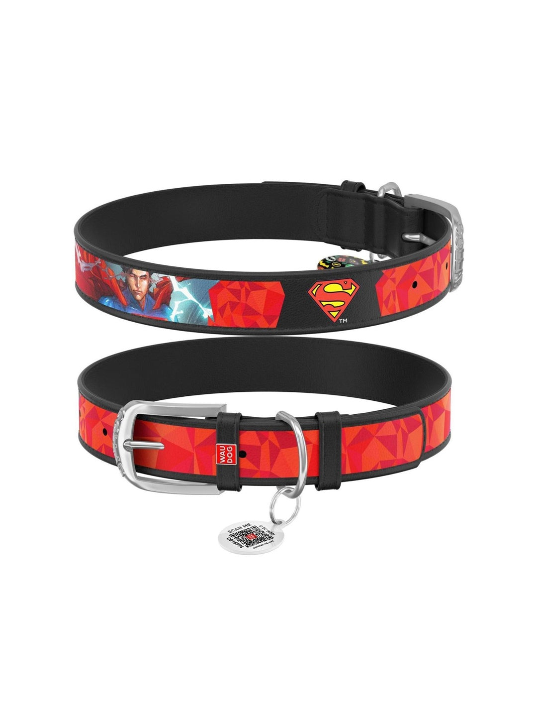 WAUDOG Δερμάτινο περιλαίμιο σκύλου με Smart ID Superman1 12 mm x 18-24 cm μαύρο